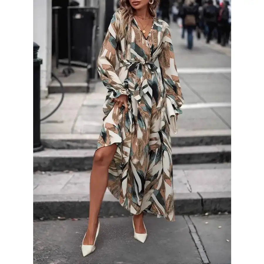 Printed Surplice Flounce Sleeve Maxi Dress