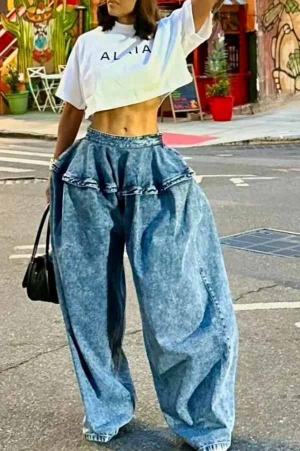 Blue Washed High-Waist Relaxed Jeans