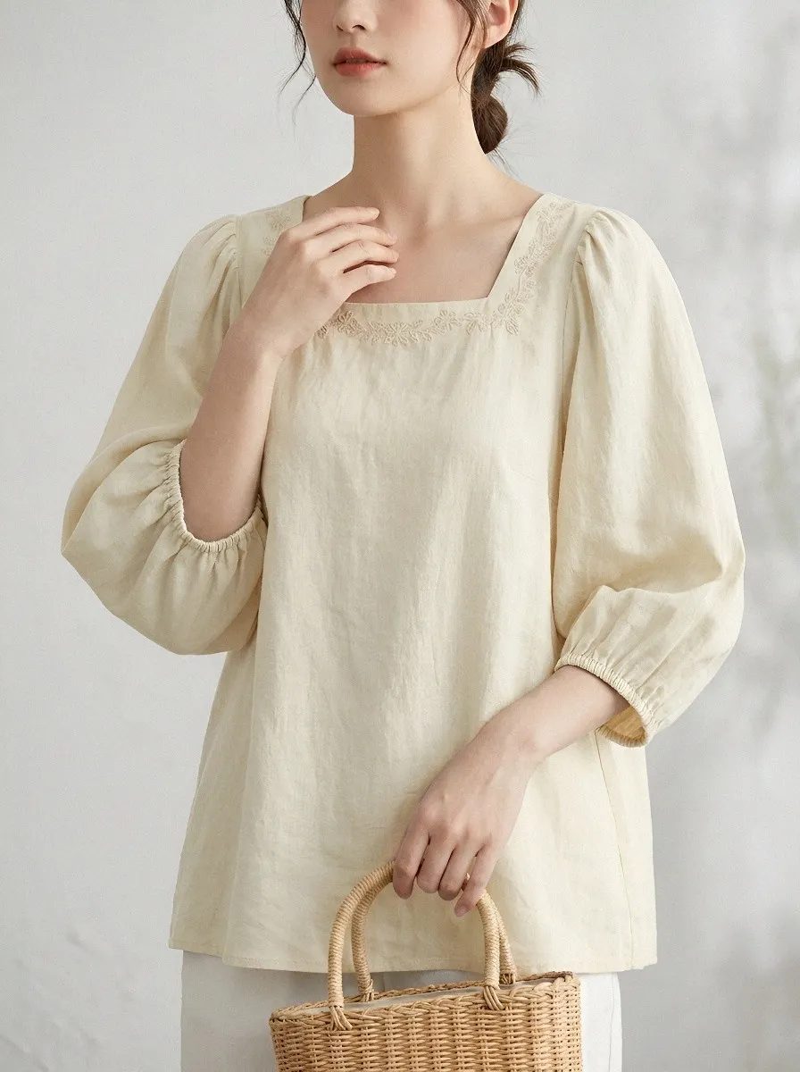 Floral Square-Neck Women's Puff-Sleeve Blouse