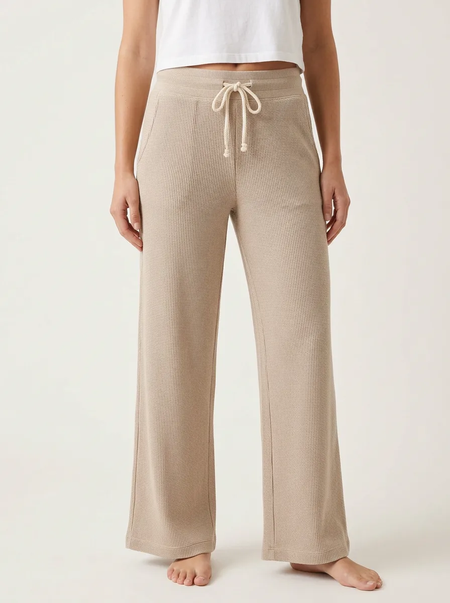 Women's Casual Waffle Knit Drawstring Wide Leg Lounge Pants