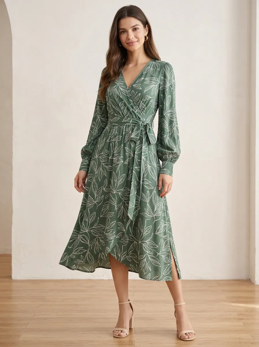 Women's Relaxed Style Botanical Leaf Wrap Printed Dress