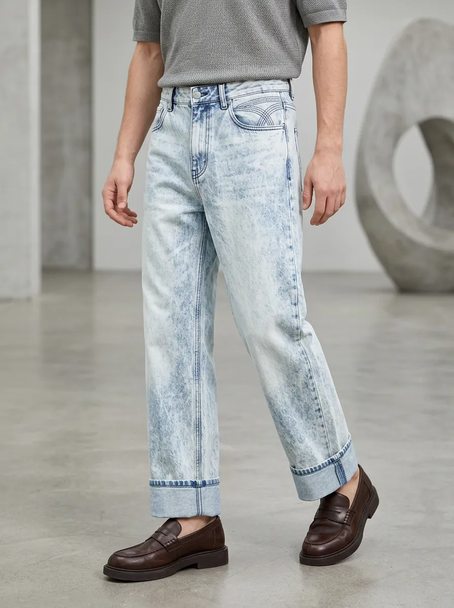 Men's Acid Wash Cuffed Straight Leg Denim Jeans