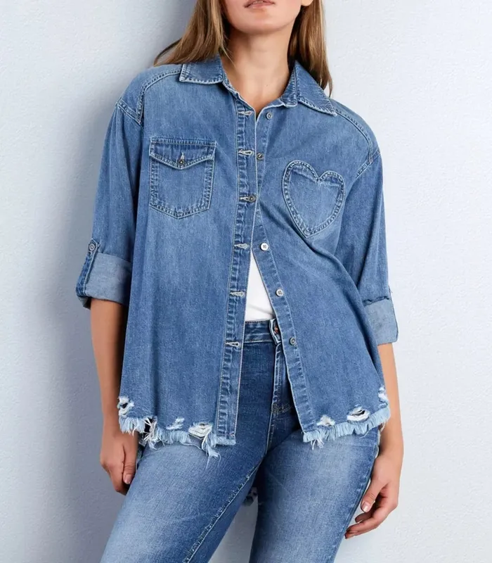 Frayed Hem Roll-Up Sleeve Denim Shirt