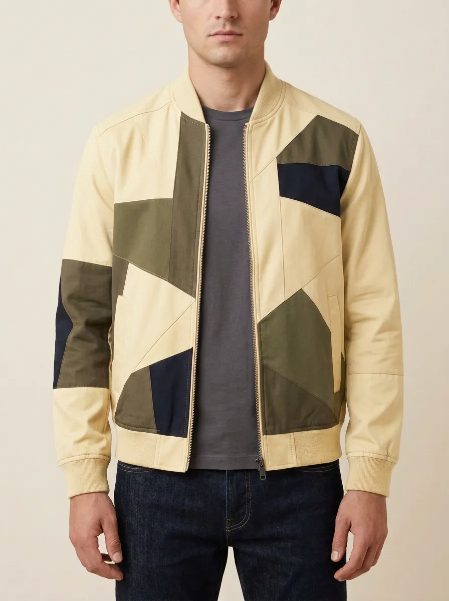 Patchwork Print Panel Detail Bomber Jacket