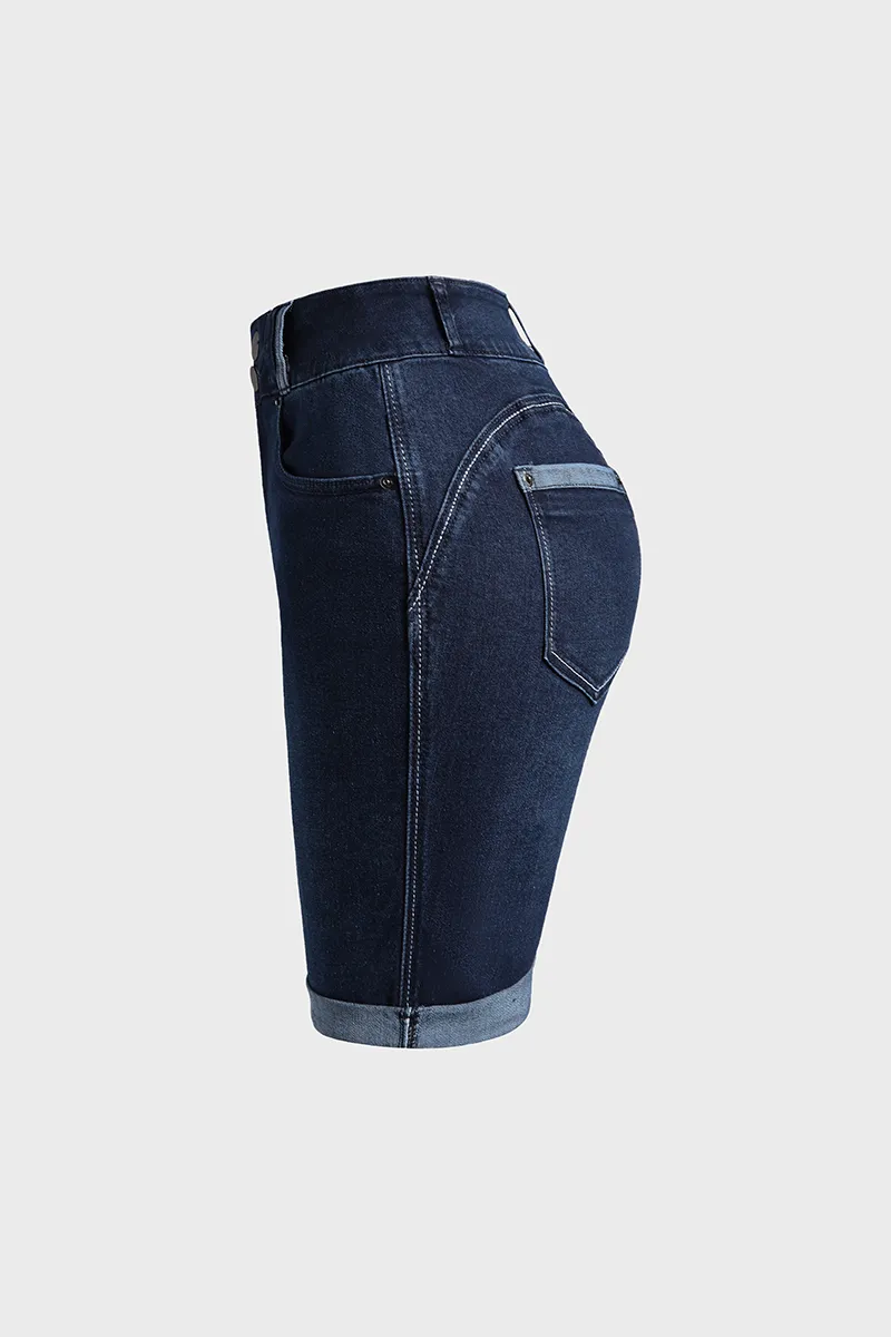 Button Front Cuffed Hem Tummy Control Butt Lifting Denim Shorts