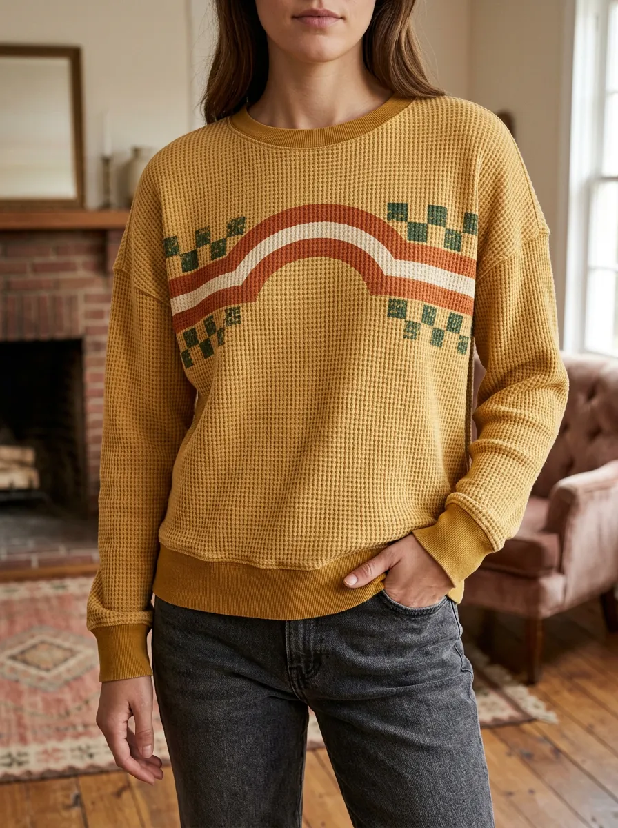 Women's Retro Rainbow Checkered Printed Waffle Knit Sweatshirt