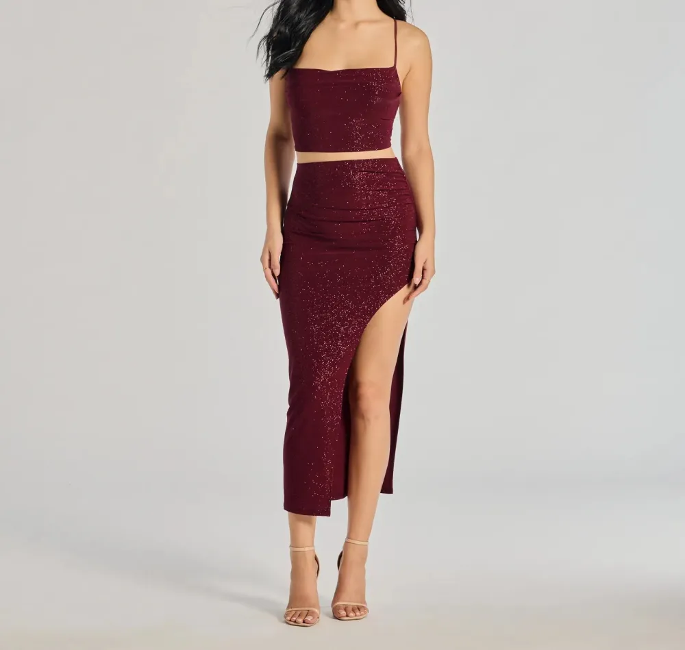 Burgundy Glitter Cowl-Neck Cropped Top