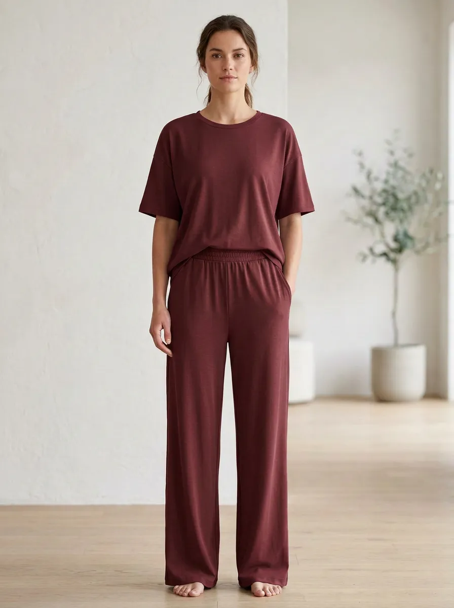 Women's Drop-Shoulder Crewneck Top And Pull-On Wide-Leg Trouser Lounge Set