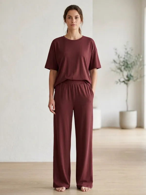 Women's Drop-Shoulder Crewneck Top And Pull-On Wide-Leg Trouser Lounge Set