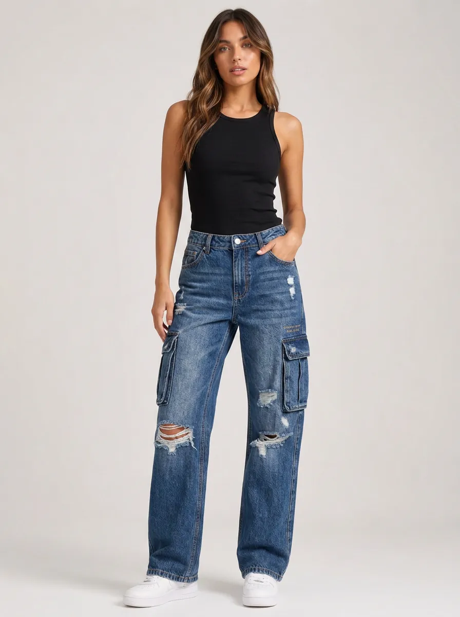 Relaxed Distressed Straight Leg Jeans