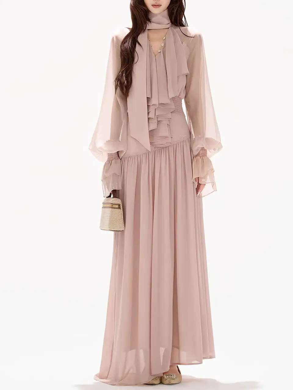 Chiffon Bow Flowy Maxi Dress
