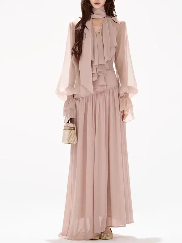 Chiffon Bow Flowy Maxi Dress