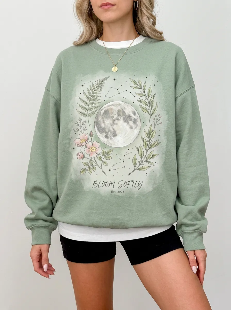 Women's Celestial Moon Floral Bloom Softly Graphic Sweatshirt