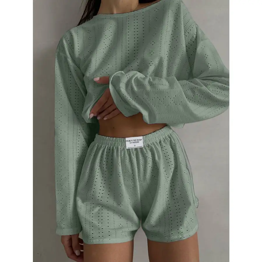 Relaxed Eyelet Round Neck Top and Shorts Set