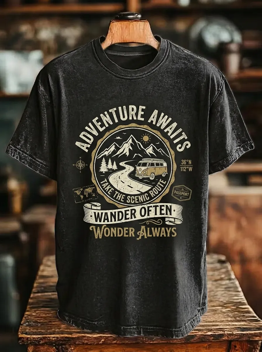Unisex Adventure Camper Van Mountain Scenic Route Printed T-shirt