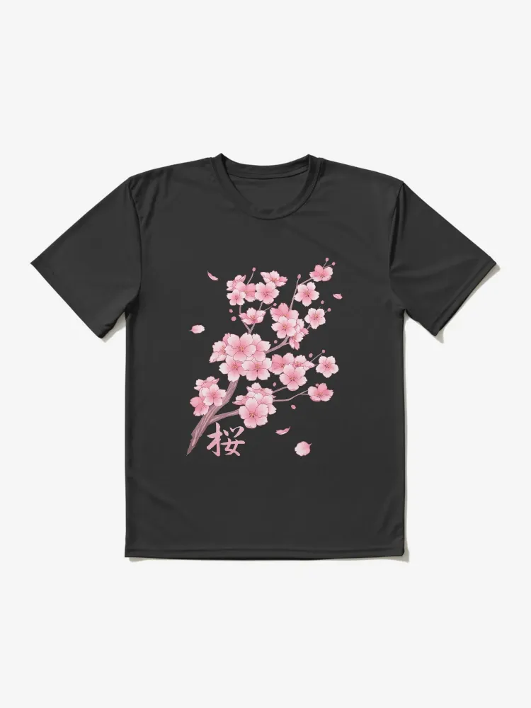Lady's short-sleeved round-neck T-shirt with cherry blossom print