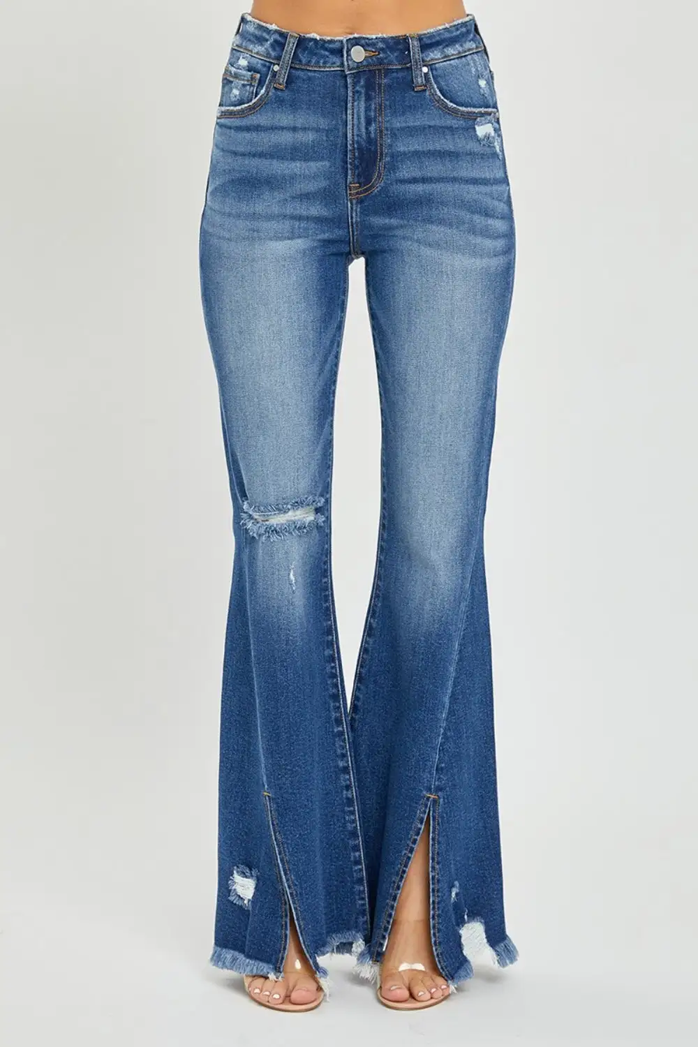 High Waist Flare Leg Frayed Denim Jeans
