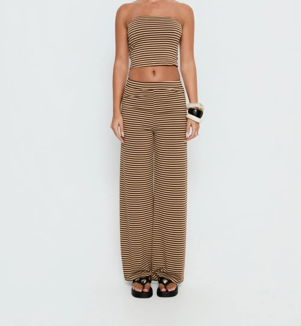 Brown Striped Strapless Cropped Top