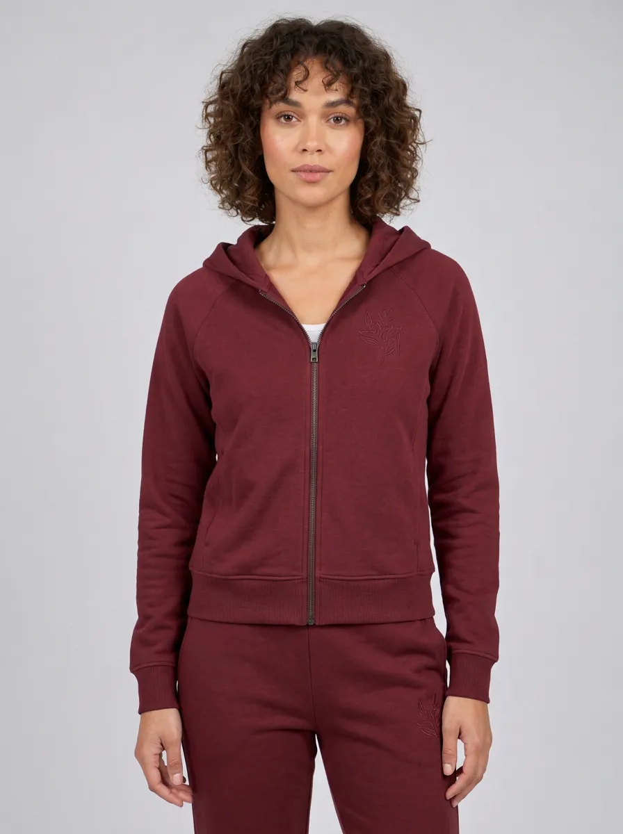 Women's Sage Green Botanical Leaf Embroidered Zip-Up Hoodie Jacket & Straight-Leg Pants Set
