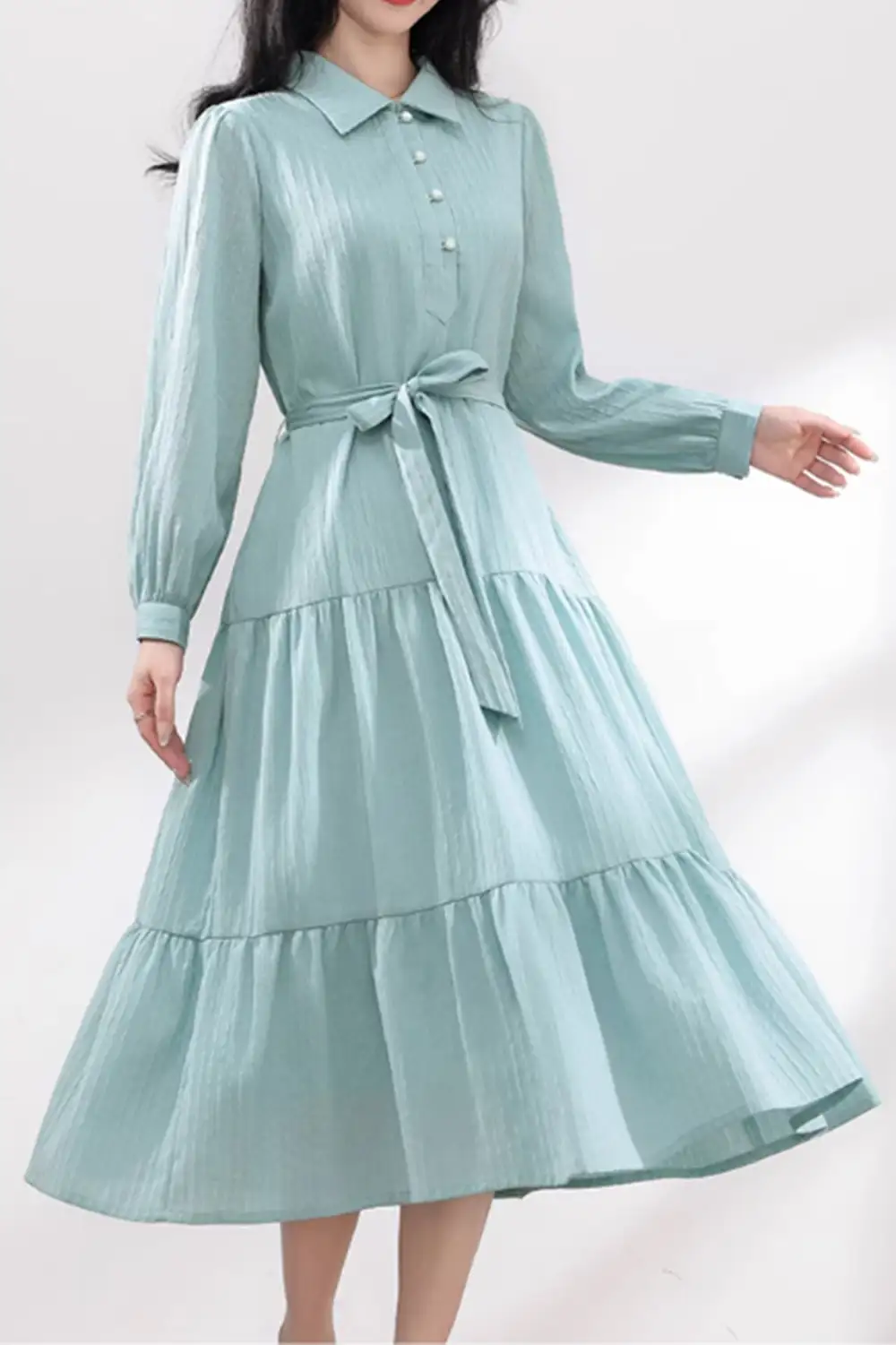 Polyester Shirt Tiered Lapel Collar Long Sleeve Midi Dress