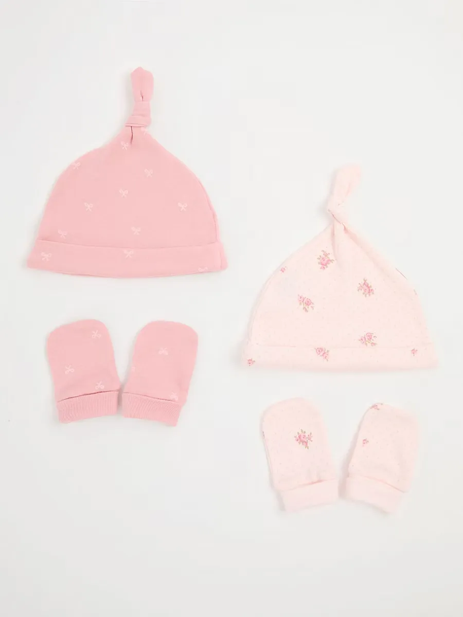 Pink Floral and Bows Newborn Hat and Mittens Set 2 Pack