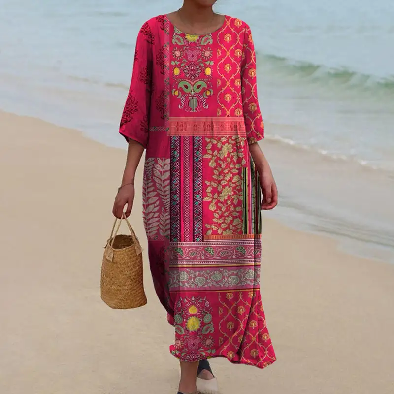  Flowy Ethnic Patchwork Print Maxi Dress