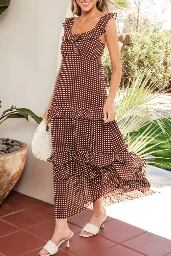 Polka Dot Print Backless Ruffled Tiered Maxi Dress