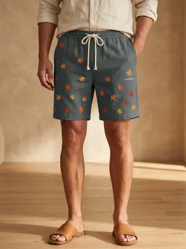 Embroidered Leaf Print Drawstring Shorts