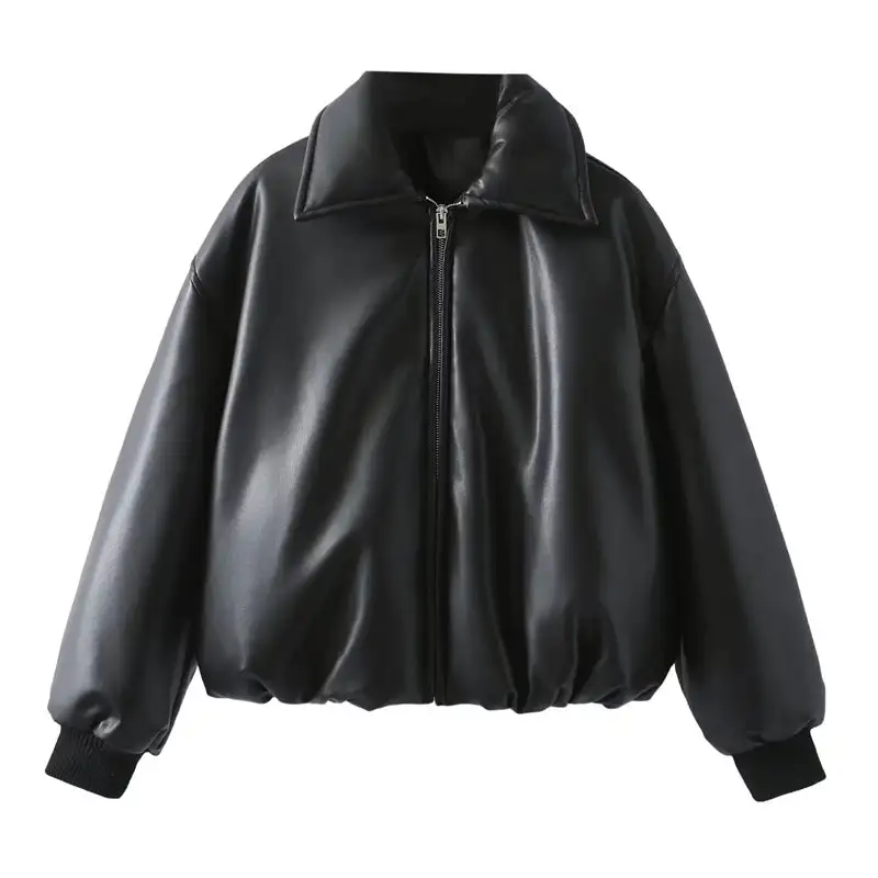 Cropped Quilted Faux Leather Shirt Collar Bomber Jacket