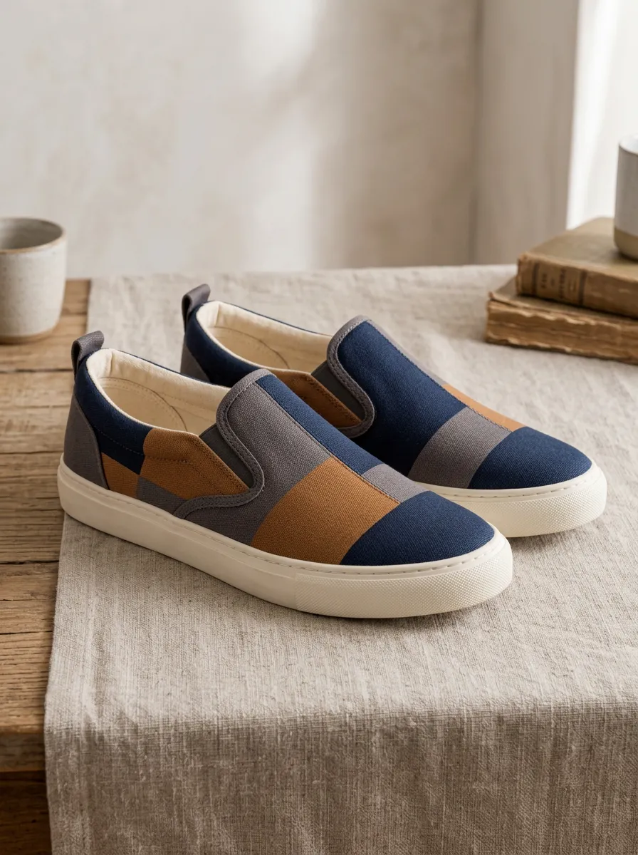 Men's Colorblock Geometric Pattern Printed Canvas Slip-on Shoes
