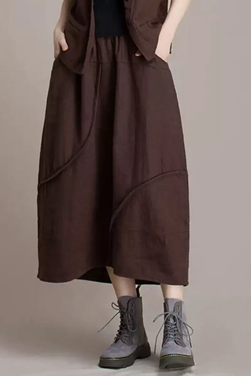 Patchwork Linen Blend Bubble Elastic Waist Midi Skirt