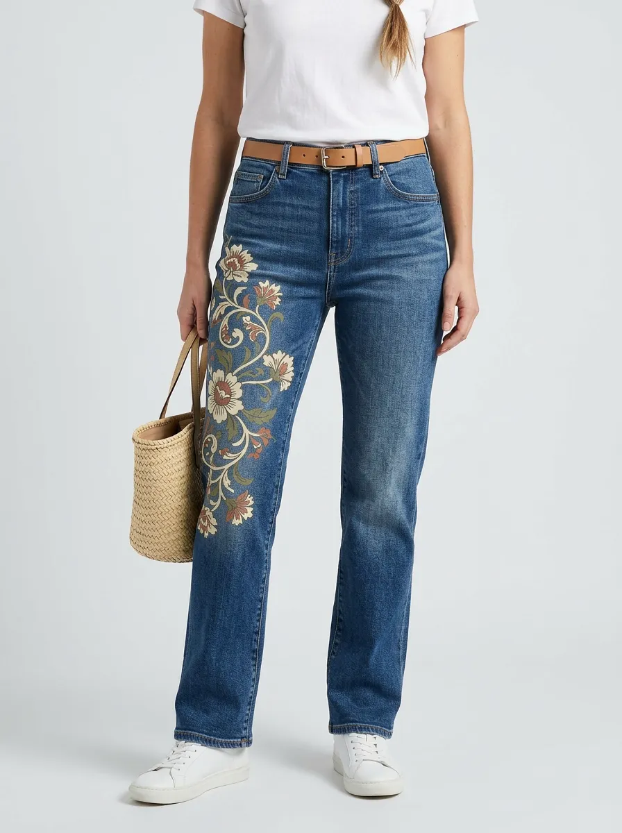 Women's Vintage Floral Vine Printed Straight Leg Jeans