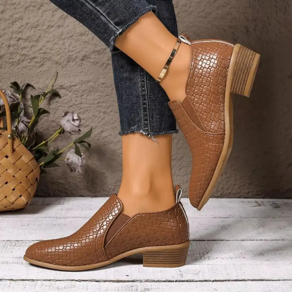 Textured Pointed Toe Block Heel Ankle Boots
