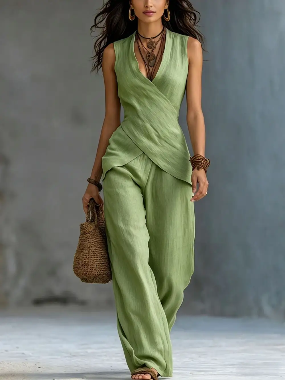 V-Neck Denim Knit Women's Lounge Set