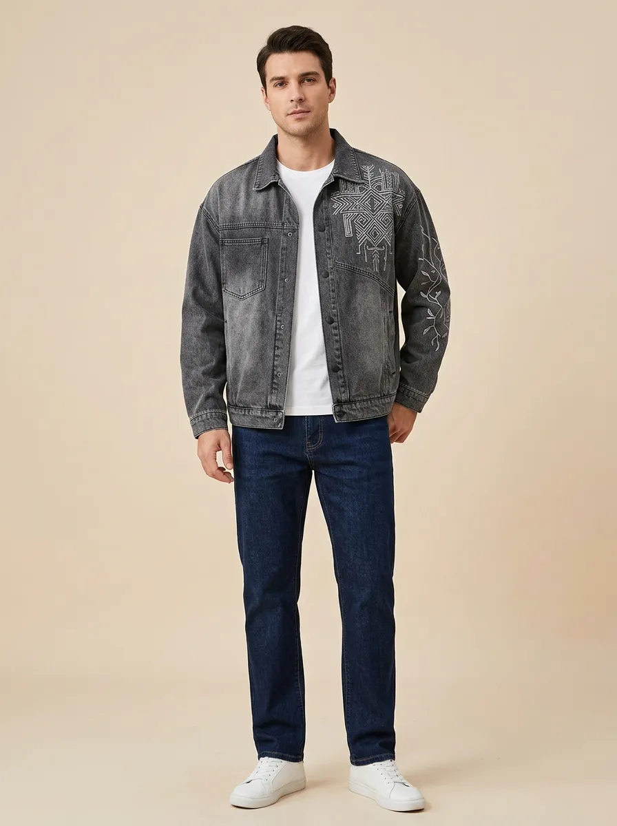 Men's Tribal Gallery Inspired Geometric Denim Jacket