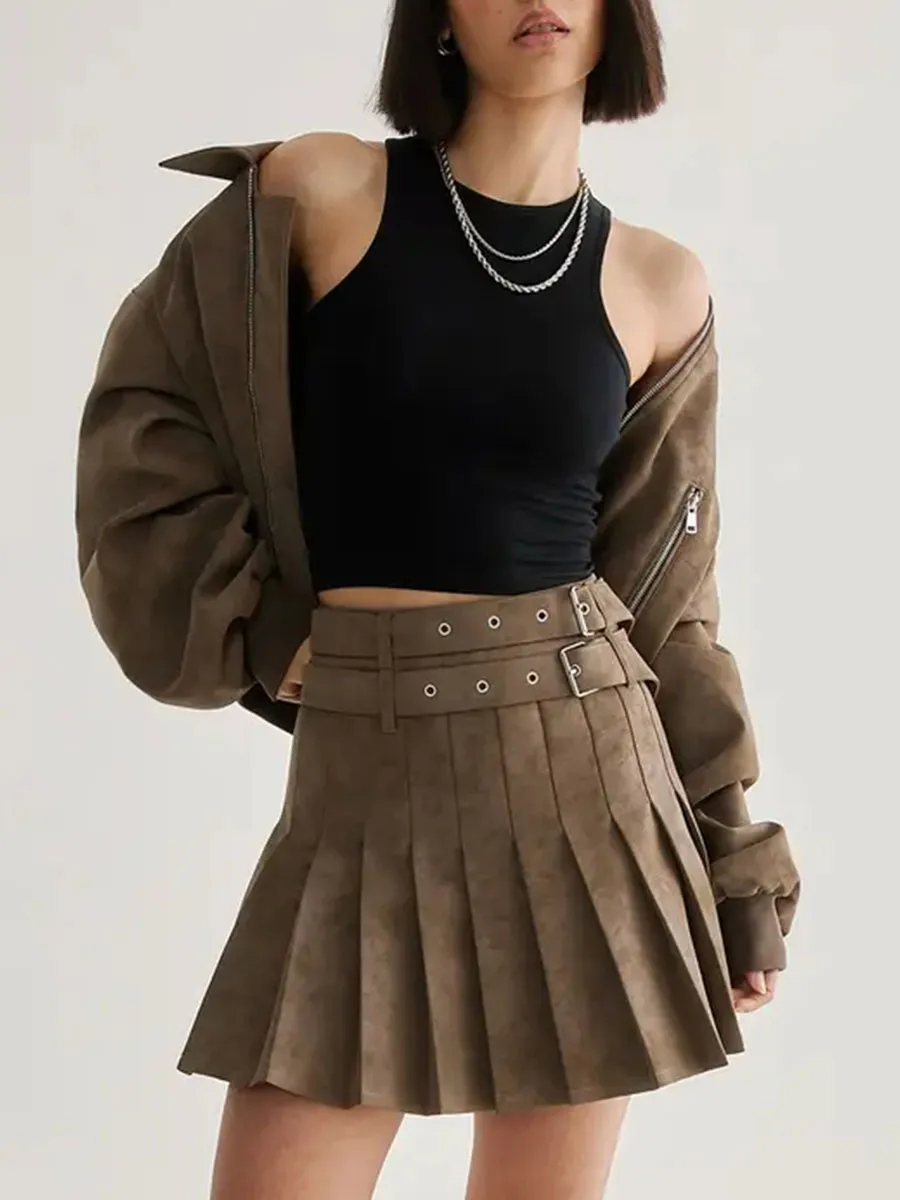 Lady's Fashionable Brown Belt-Embellished Pleated Skirt