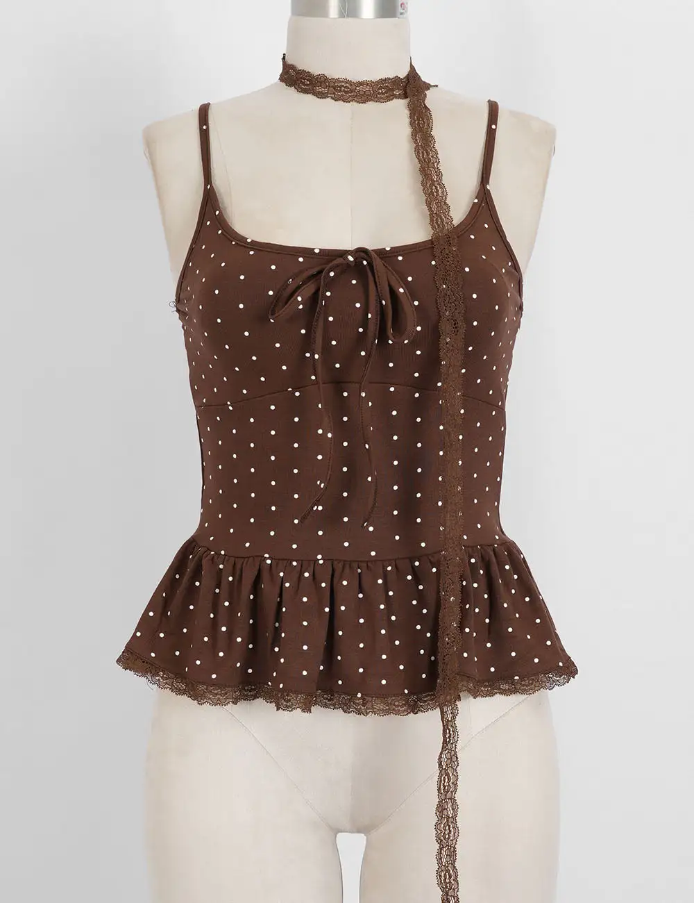 Polka Dot Scarf Neck Lace Trim Peplum Cami Top