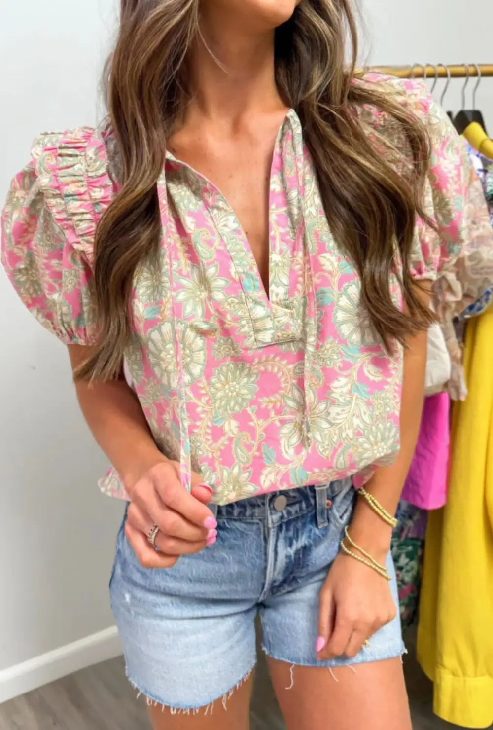 Neck Floral Puff Sleeve Blouse