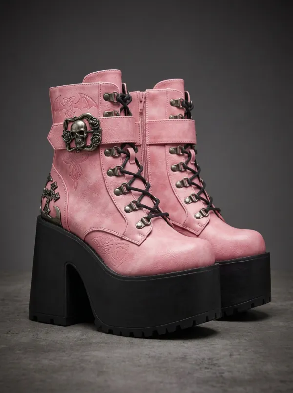 Dramatic Skull Cross Embossed Dark Look Women's Gothic Platform Boots
