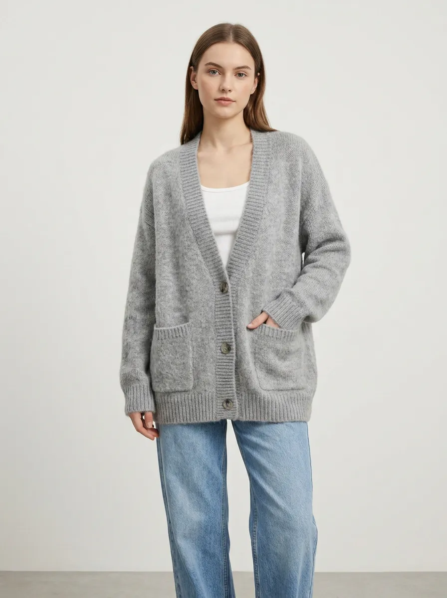 Women's Casual Grey V-Neck Button Down Knit Cardigan