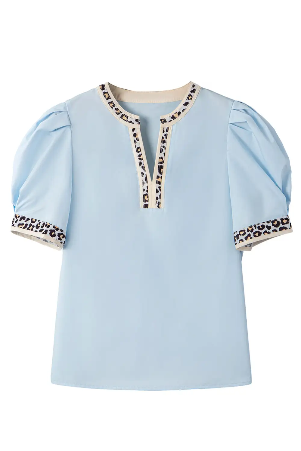 Leopard Print Puff Sleeve Split Neck Blouse