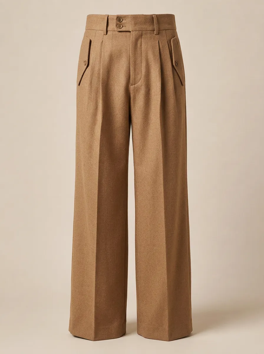 Men's Camel Wool Blend Pleated Wide Leg Trousers