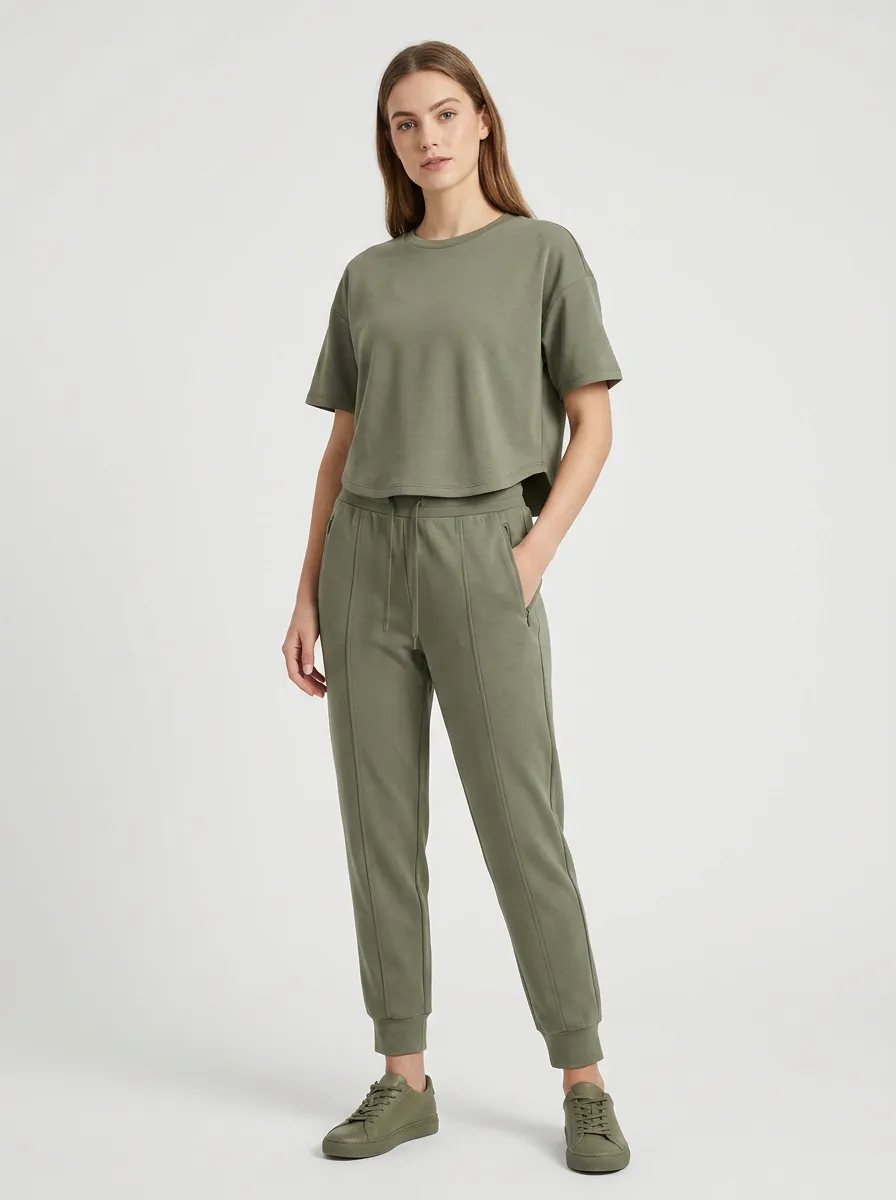 Women's Olive Green Solid Color Casual Printed Sportswear Set