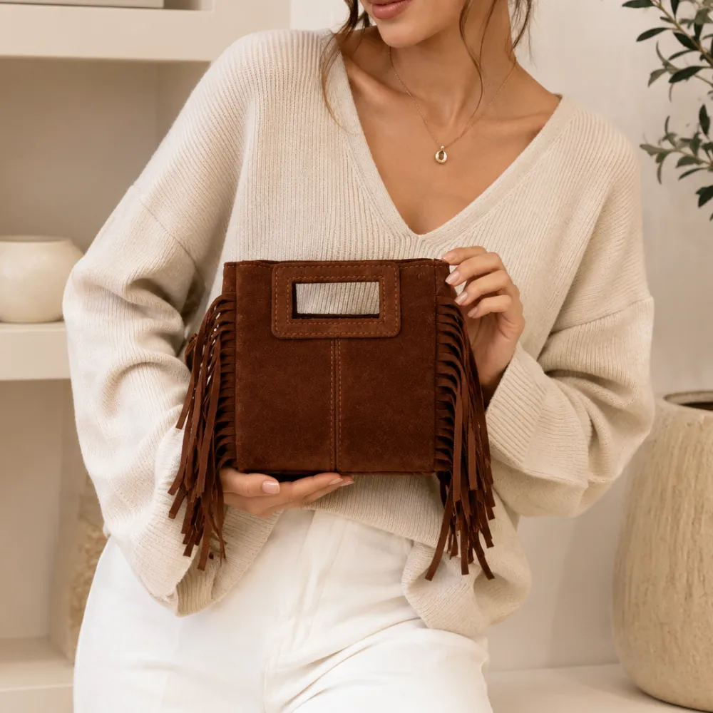 Adjustable Suede-Leather Fringe Shoulder Bag