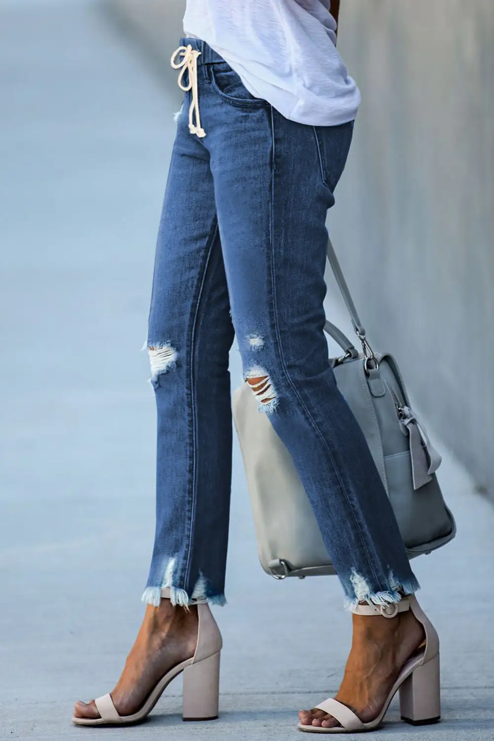 Mid-Rise Raw-Hem Ripped Elastic-Waist Straight Leg Jeans