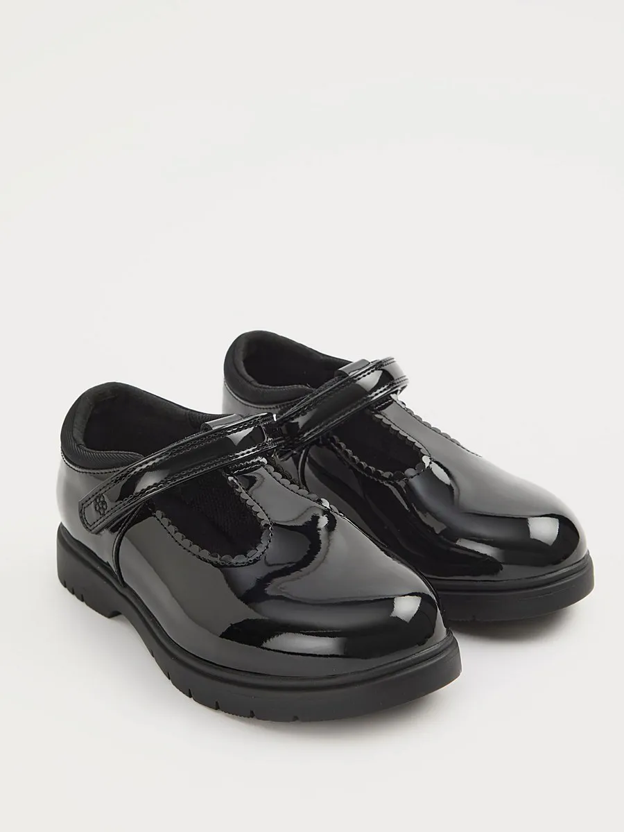 Wide Fit Black Patent Scallop T-Bar School Shoes