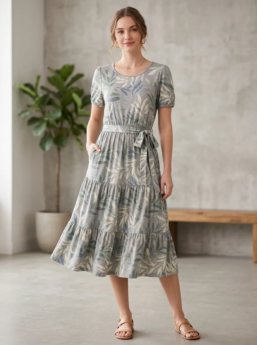 Women's Botanical Nature Lover Leaf Printed Tiered Dress