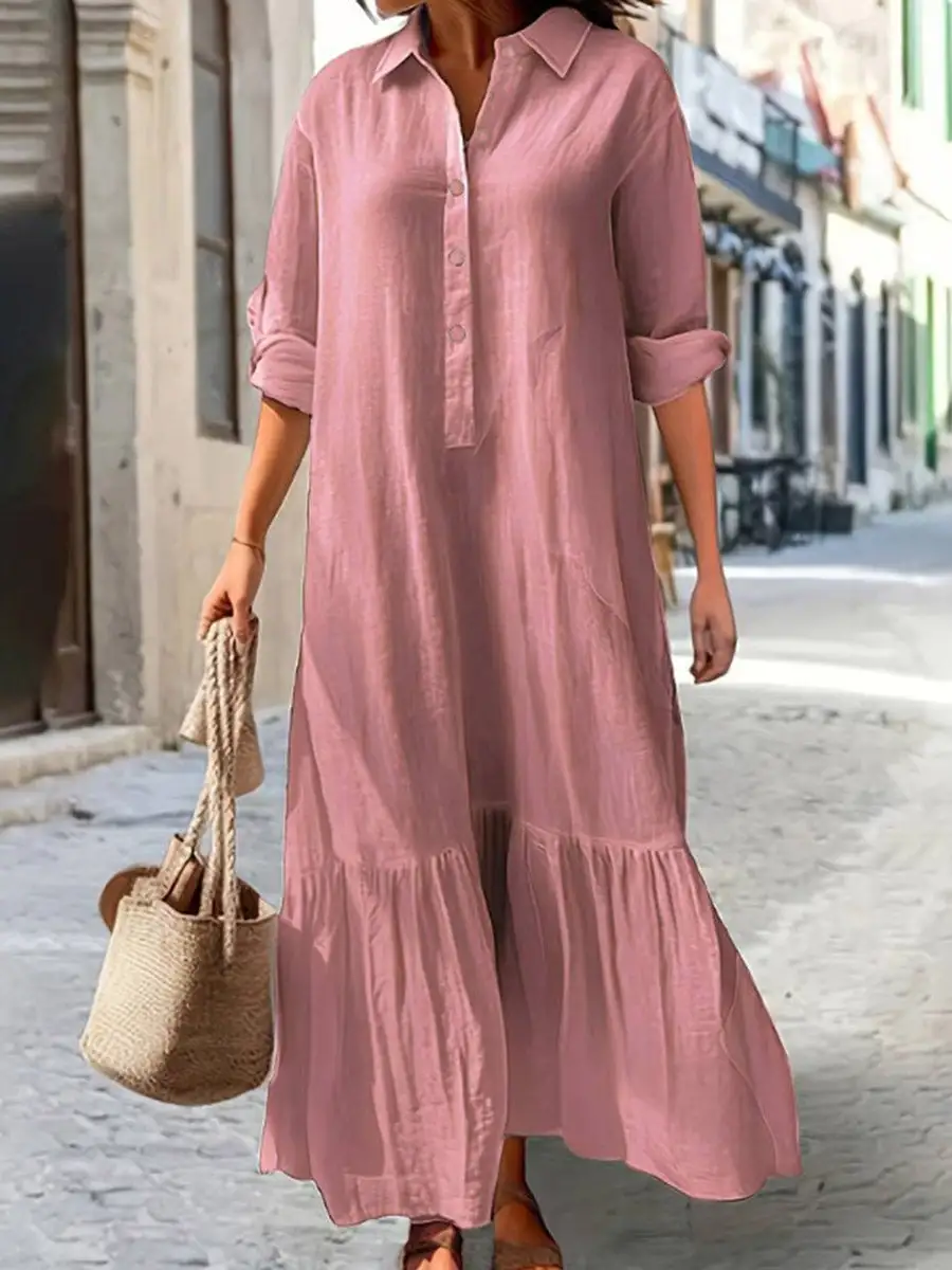 Sleeves Pleated Buttoned Long Maxi Dress