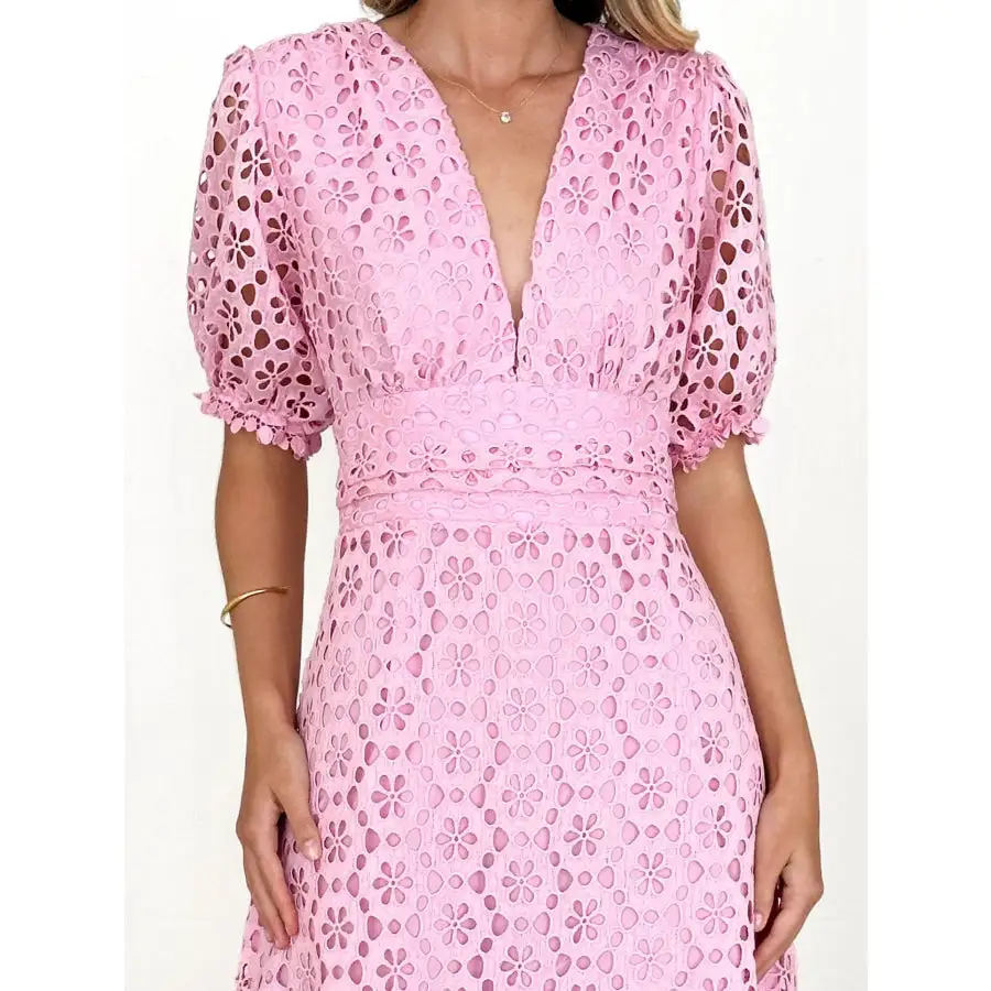 Eyelet Lace V-Neck Midi Dress with Puff Sleeves