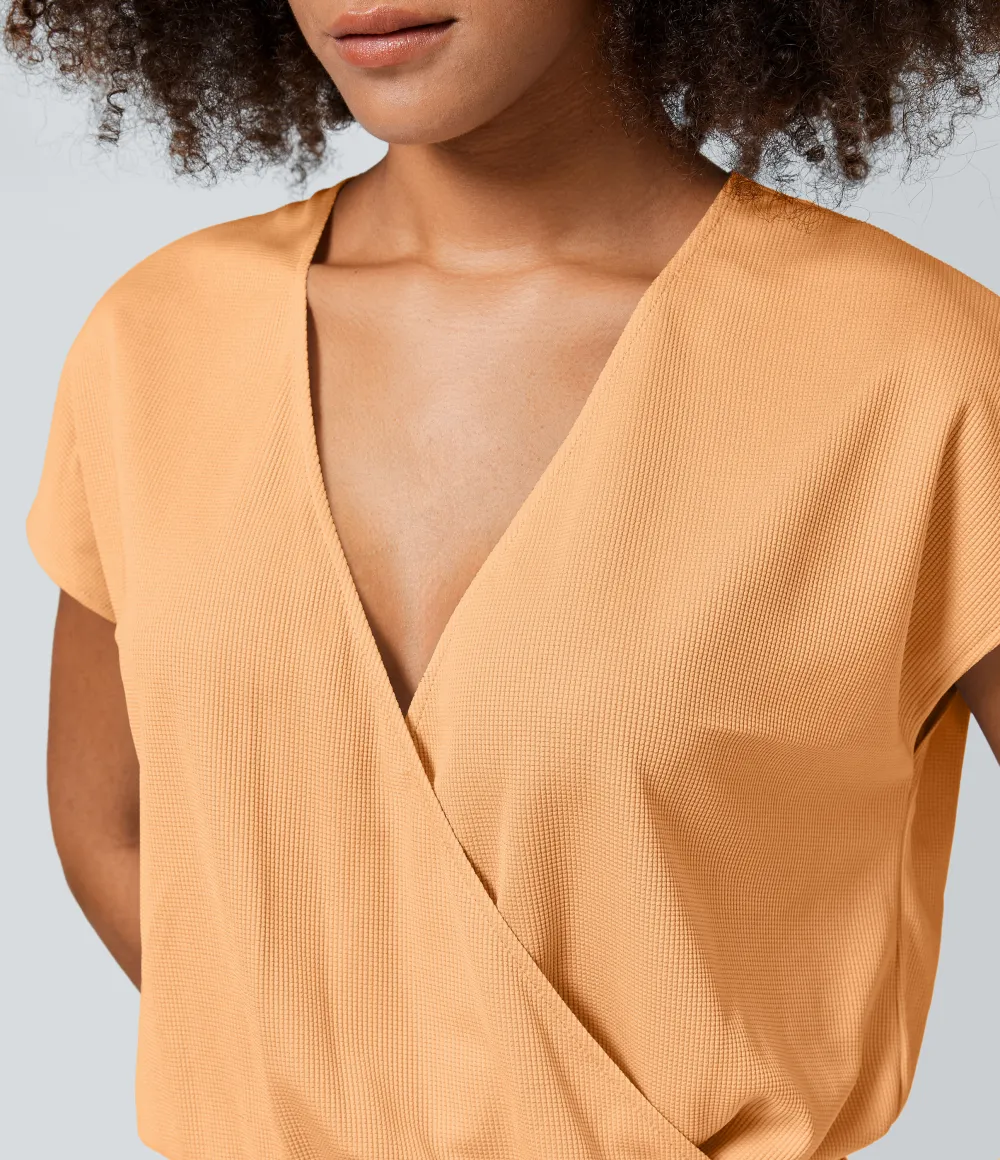 V Neck Short Sleeve Side Pocket Wide Leg Flowy Waffle Casual Jumpsuit